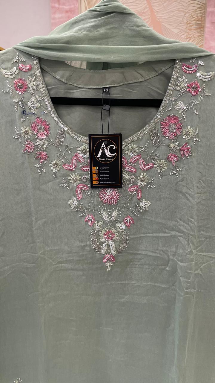 Pure chinon hand work suit set in green