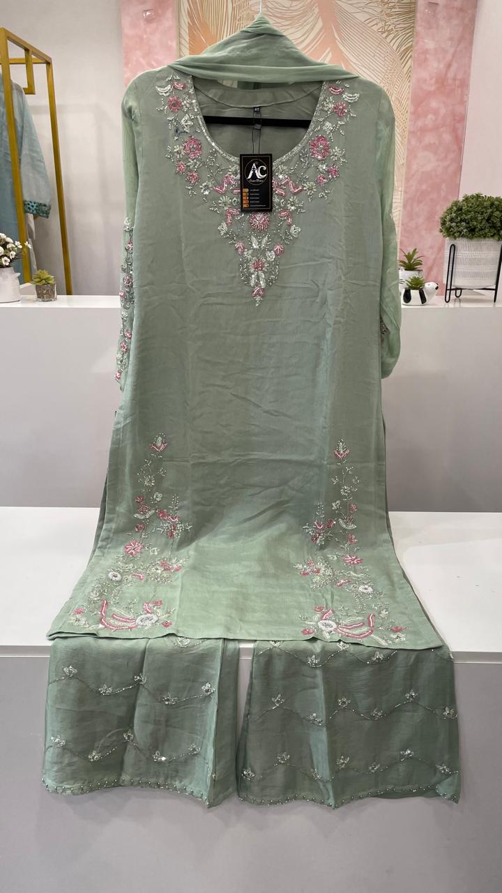 Pure chinon hand work suit set in green