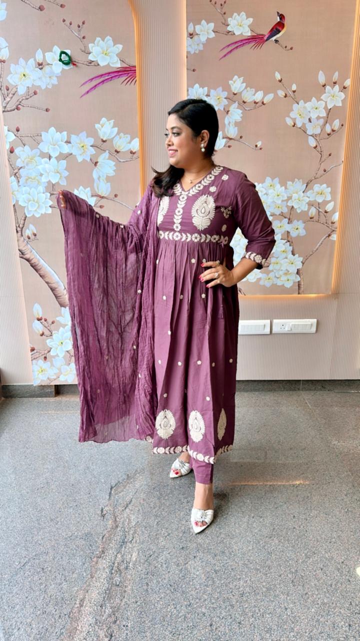 Beautiful embroidery cotton suit set in purple