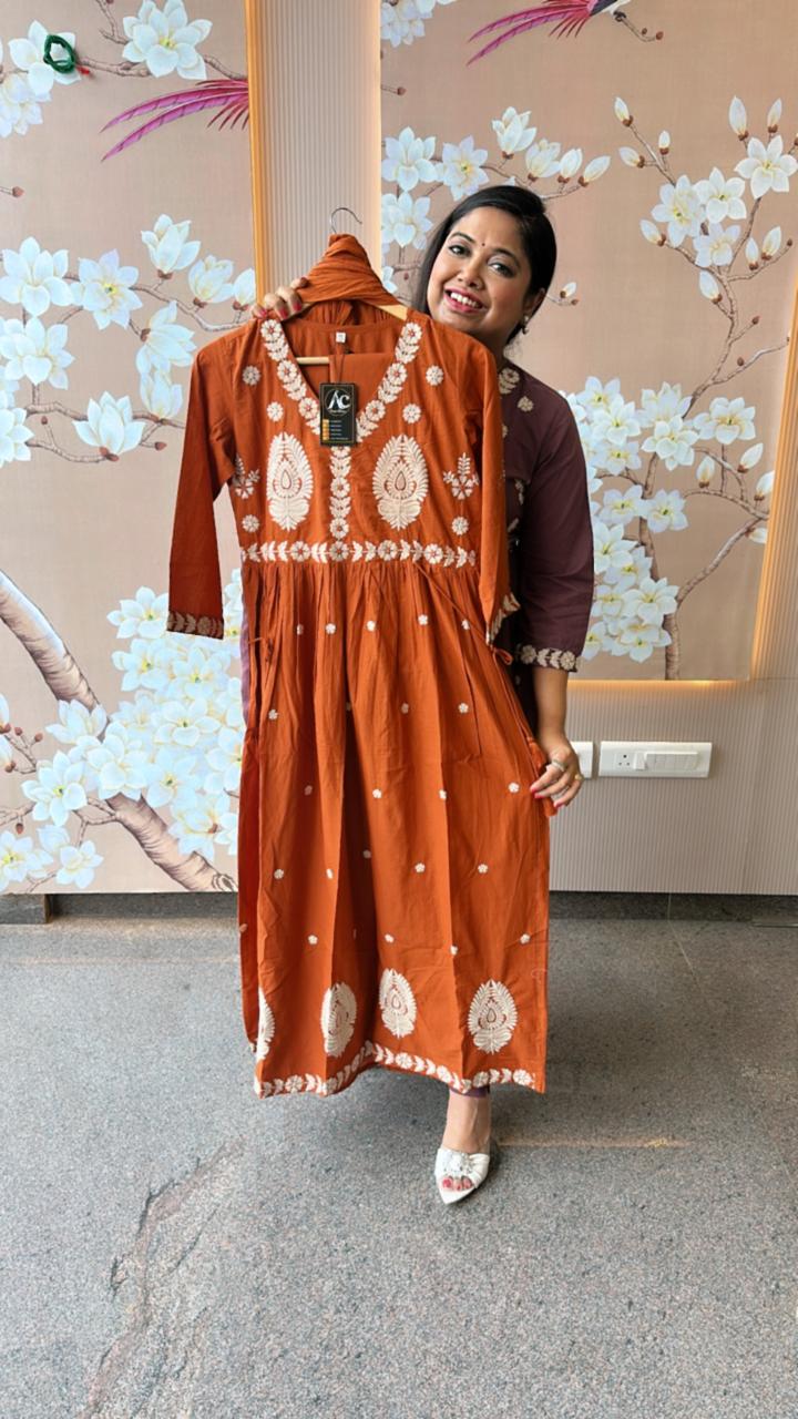 Beautiful embroidery cotton suit set in orange