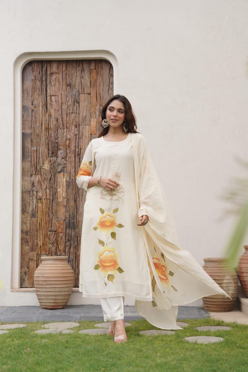Dreamy designer brush painted Mul Chanderi suit