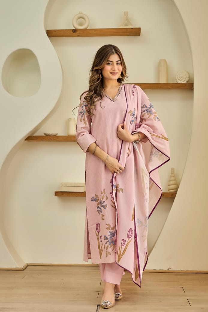 Smart digital printed cotton V neck suit set