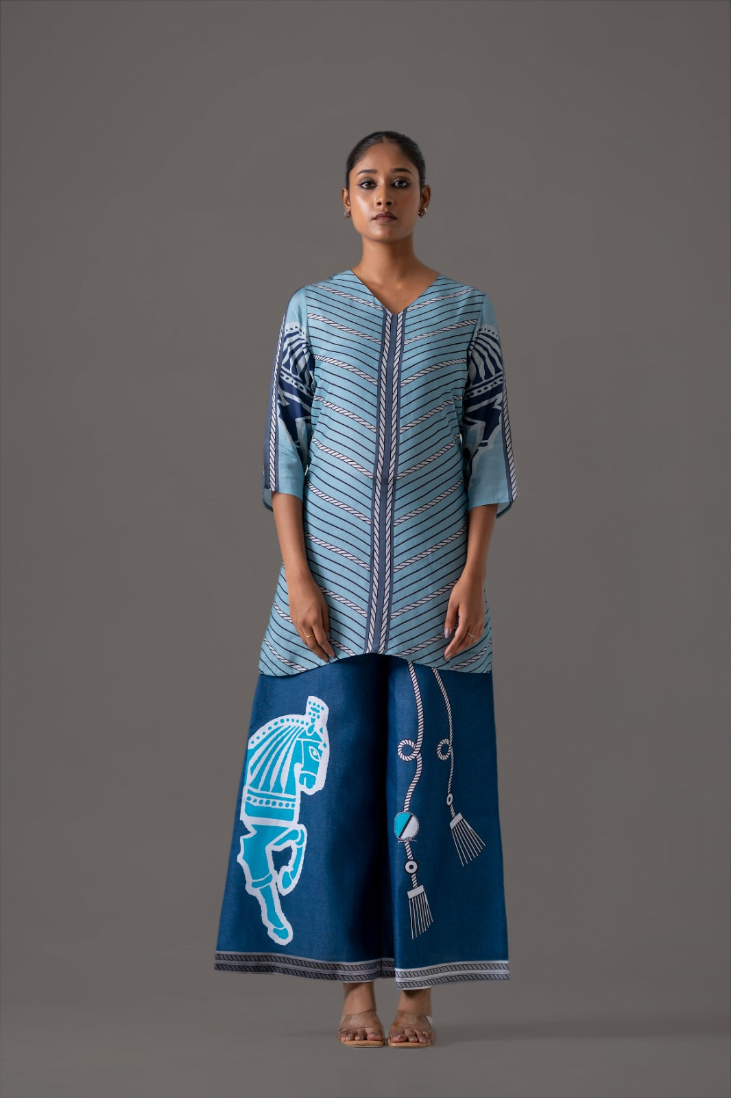 Smart denim cotton pant paired with Mul silk top