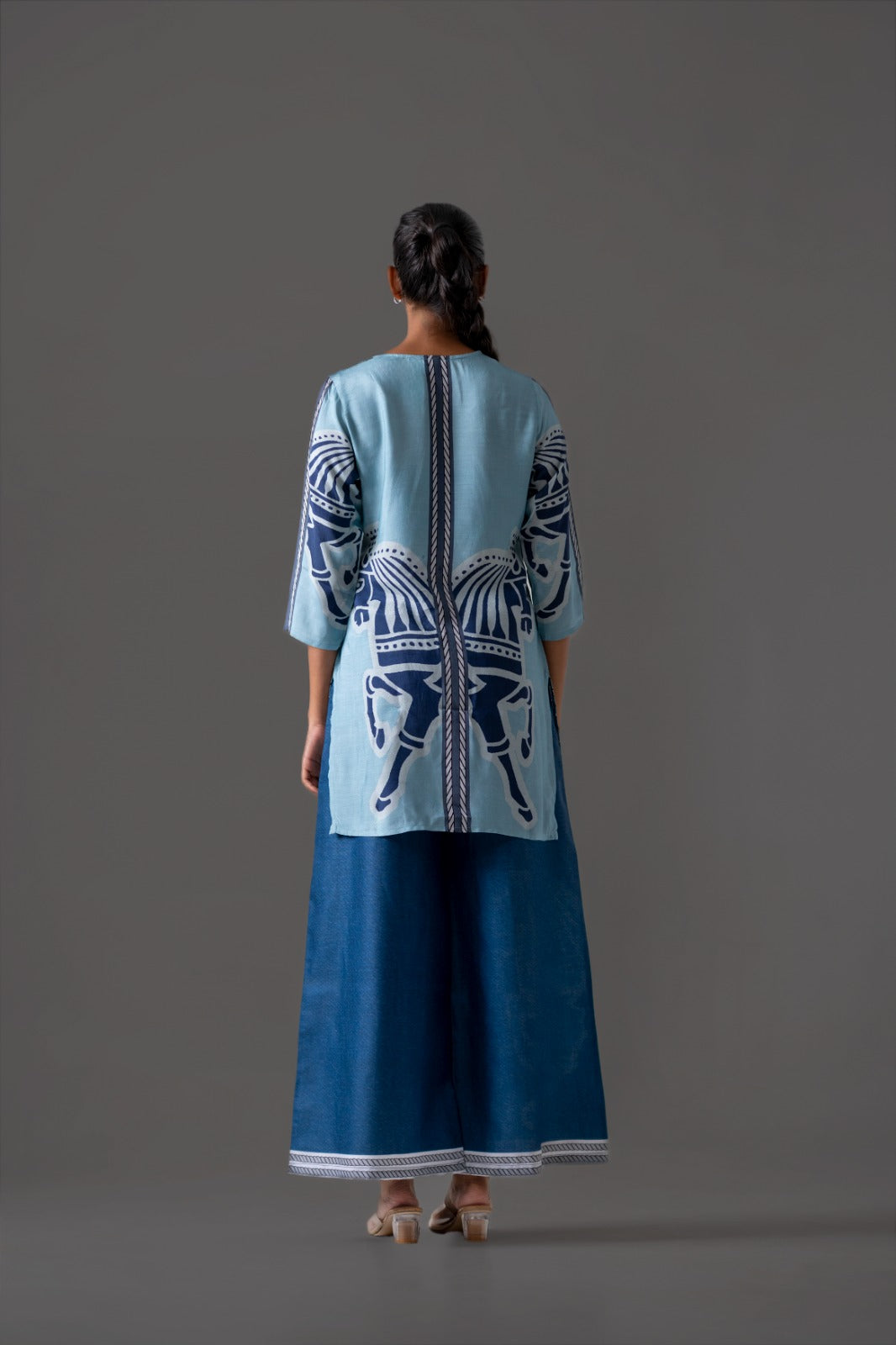 Smart denim cotton pant paired with Mul silk top