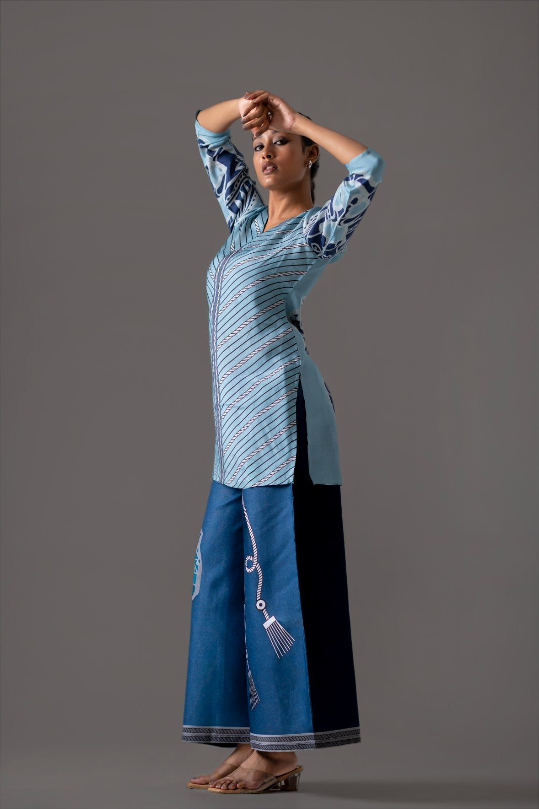 Smart denim cotton pant paired with Mul silk top