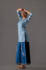 Smart denim cotton pant paired with Mul silk top