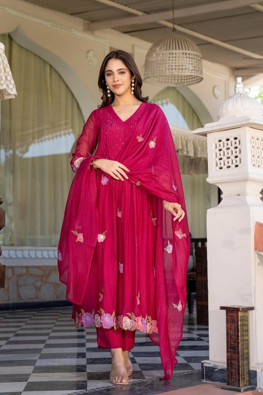 Smart Mul Chanderi suit set in pink