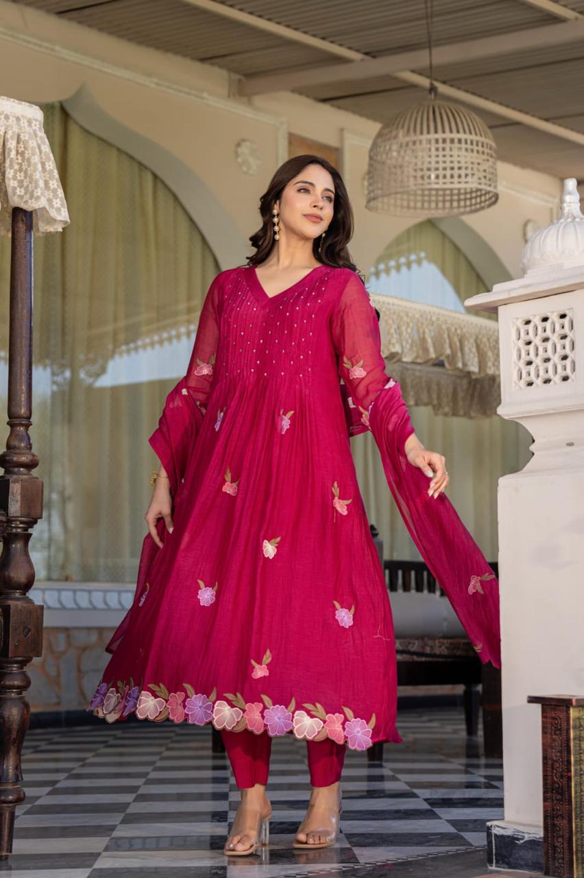 Smart Mul Chanderi suit set in pink
