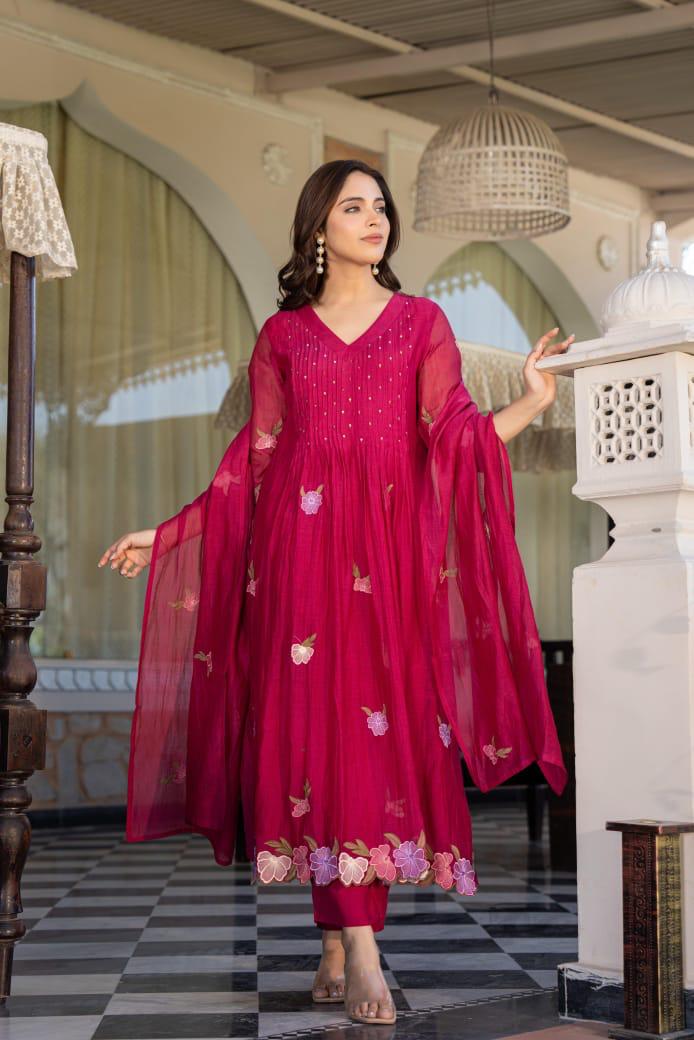 Smart Mul Chanderi suit set in pink