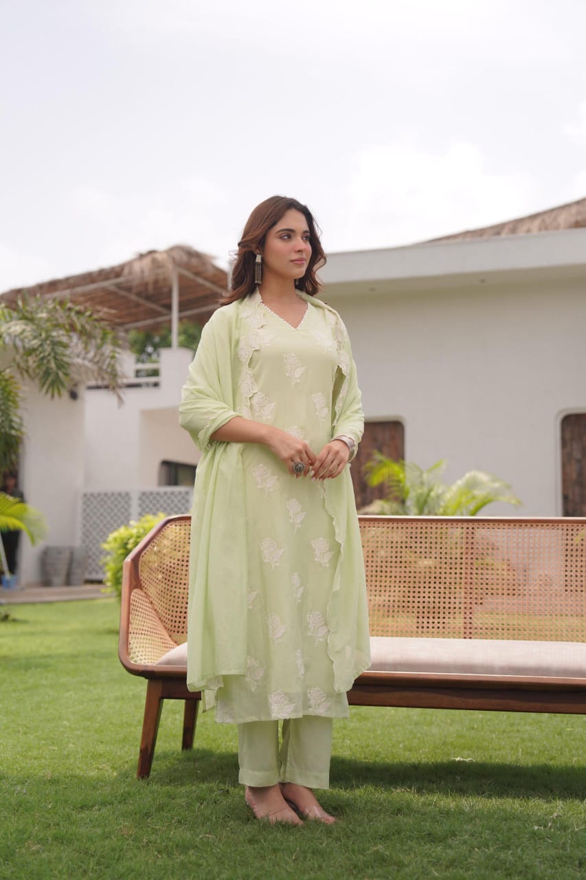 Mul Chanderi embroidered suit in mint green