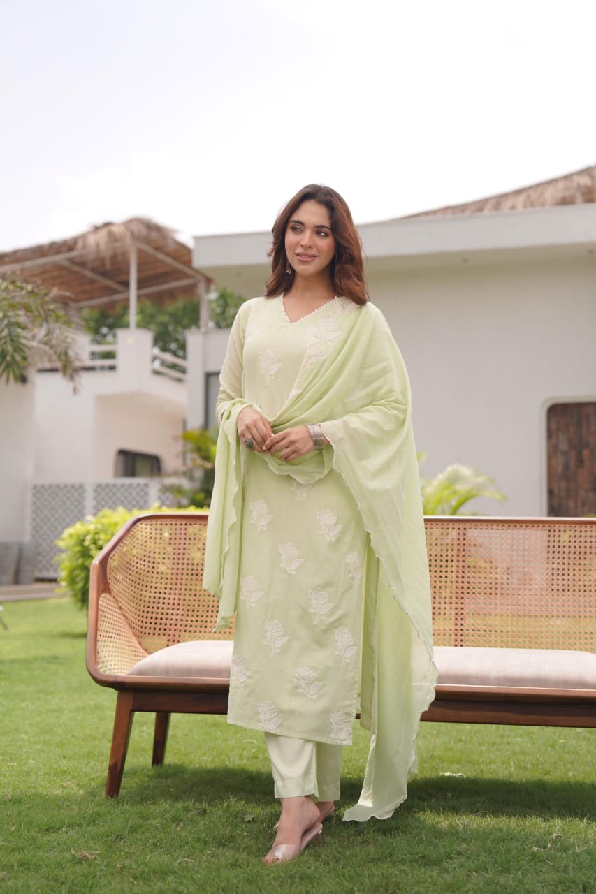 Mul Chanderi embroidered suit in mint green