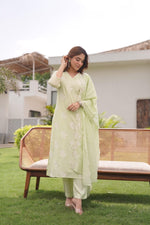 Mul Chanderi embroidered suit in mint green