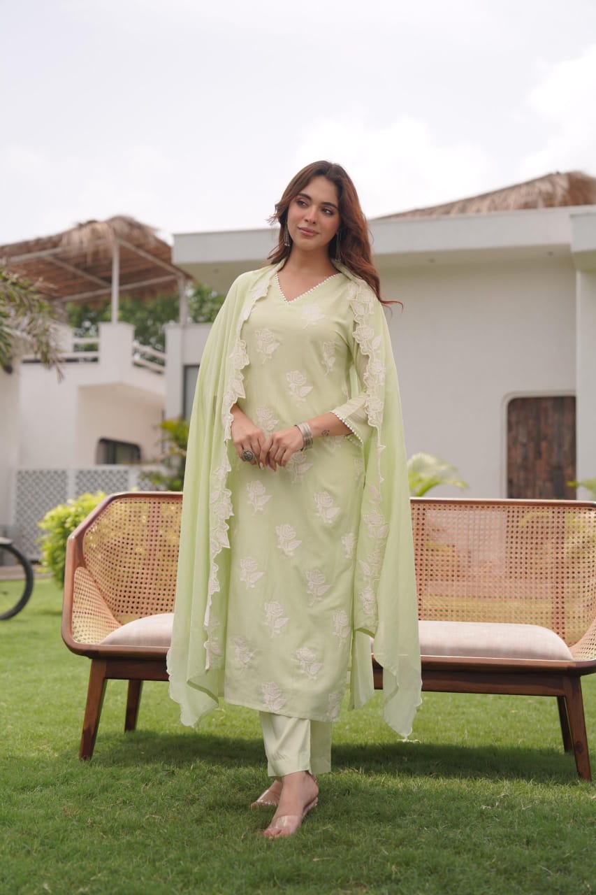 Mul Chanderi embroidered suit in mint green