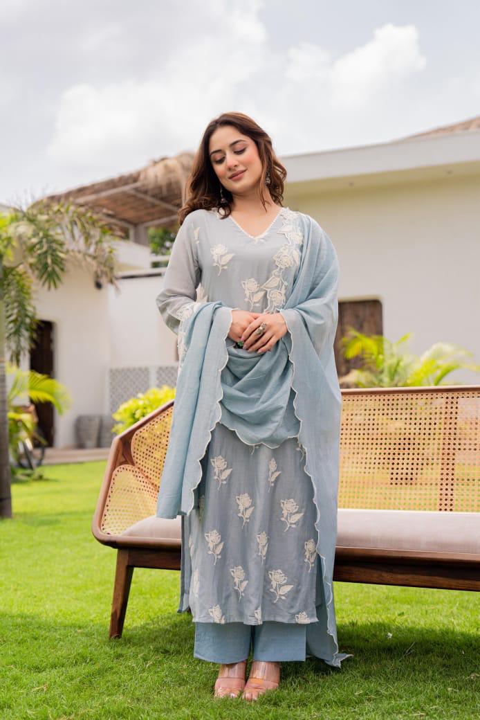Very pretty Mul Chanderi embroidered suit in blue