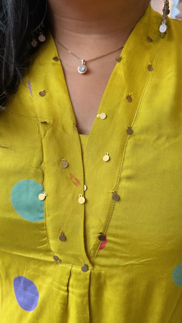 Polka dot pure Mul silk kurta pant in yellow