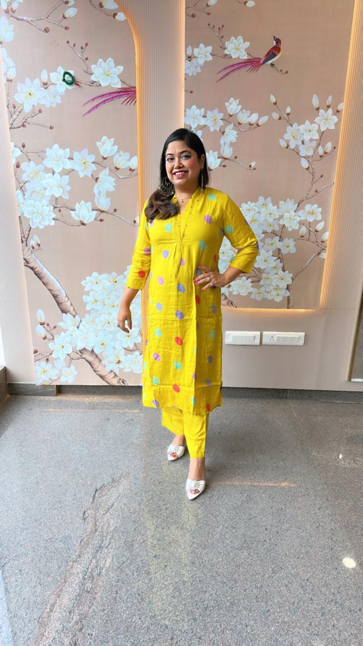 Polka dot pure Mul silk kurta pant in yellow