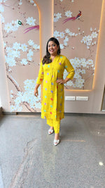 Polka dot pure Mul silk kurta pant in yellow