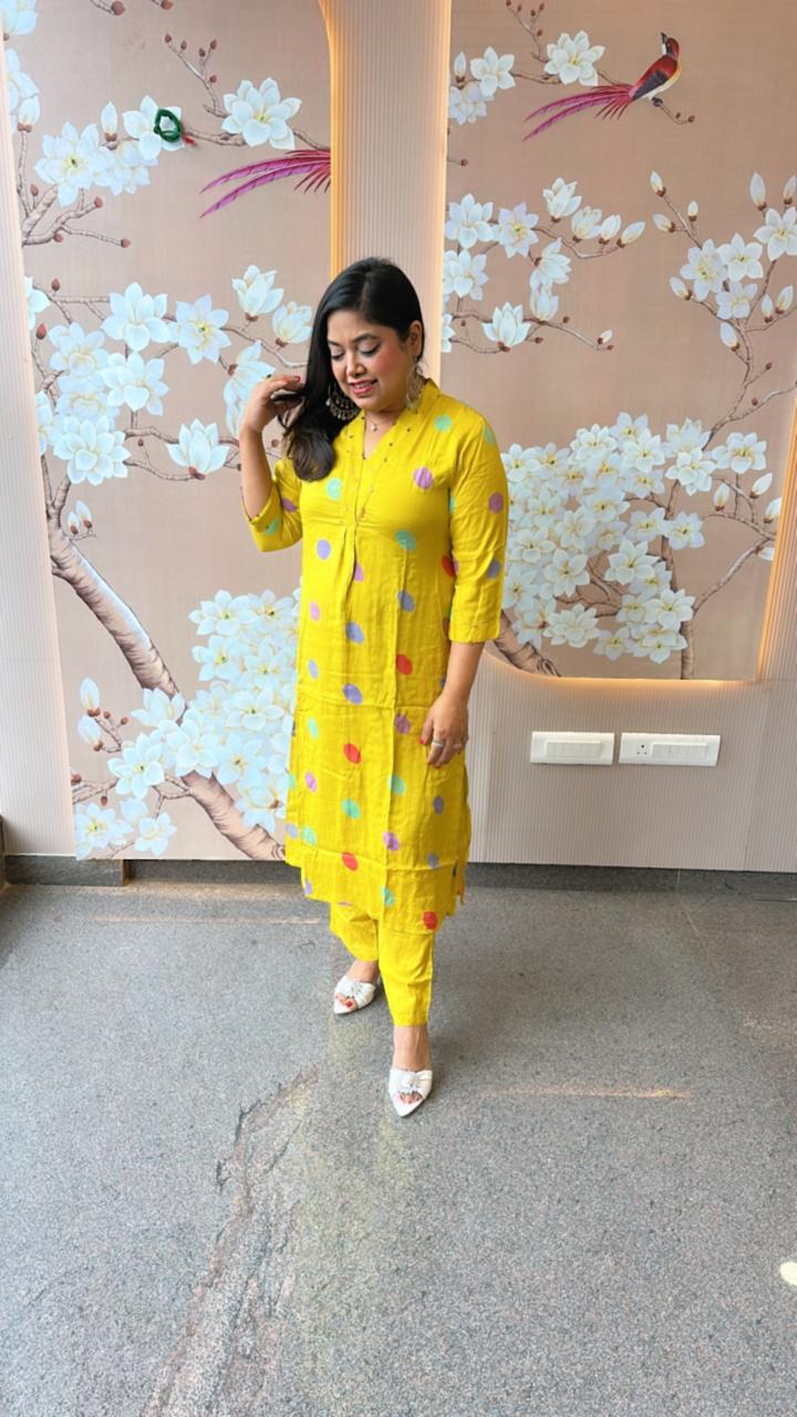 Polka dot pure Mul silk kurta pant in yellow