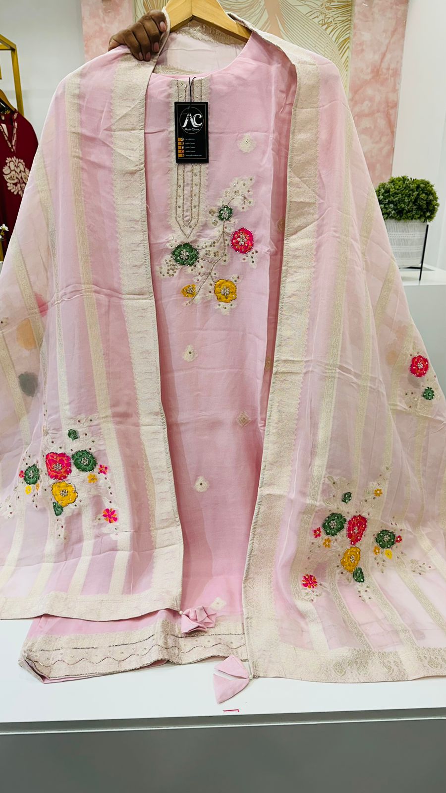 Super premium organza tissue embroidered suit set (extra margin available) in pink