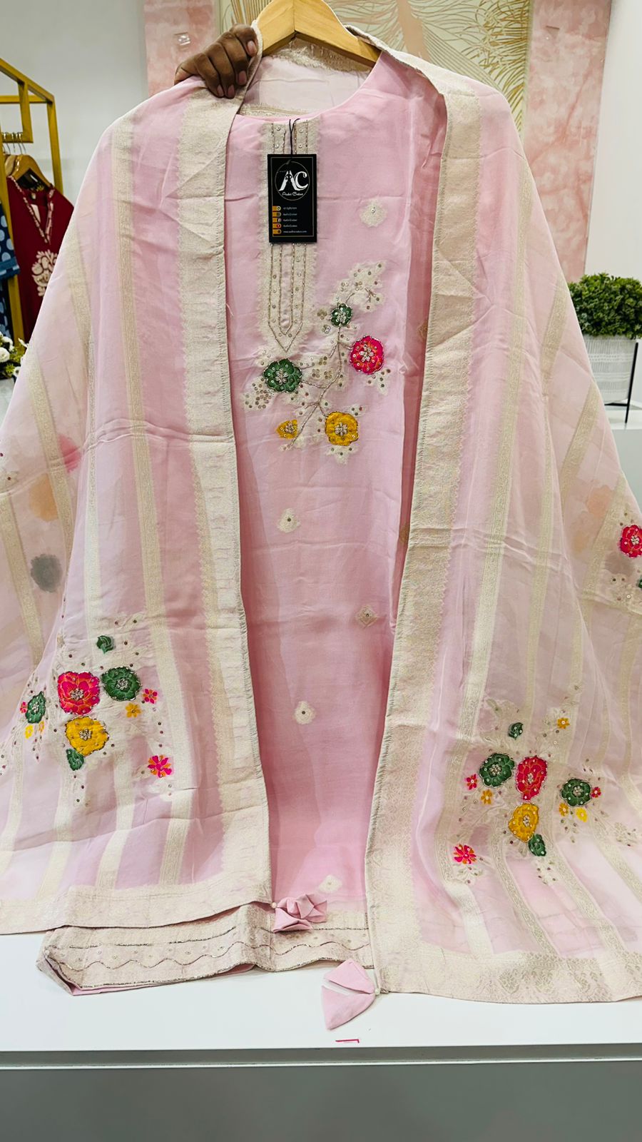 Super premium organza tissue embroidered suit set (extra margin available) in pink