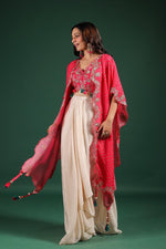 Beautiful chinon pleated skirt paired with embellished blouse and a cape (extra margin available) in pink