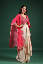 Beautiful chinon pleated skirt paired with embellished blouse and a cape (extra margin available) in pink