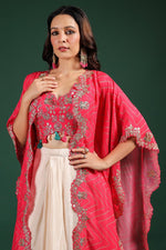 Beautiful chinon pleated skirt paired with embellished blouse and a cape (extra margin available) in pink