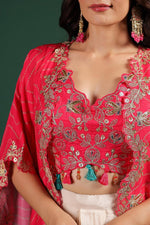 Beautiful chinon pleated skirt paired with embellished blouse and a cape (extra margin available) in pink