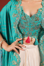 Beautiful chinon pleated skirt paired with embellished blouse and a cape (extra margin available) in blue