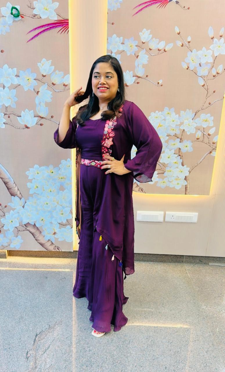 Heavy pure chinon embroidered palazzo, cape and shrug (true to size, extra margin available) in wine