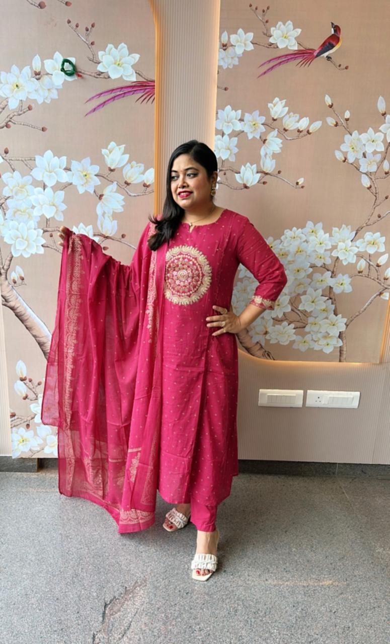 Beautiful Rani pink Zari detailing suit set