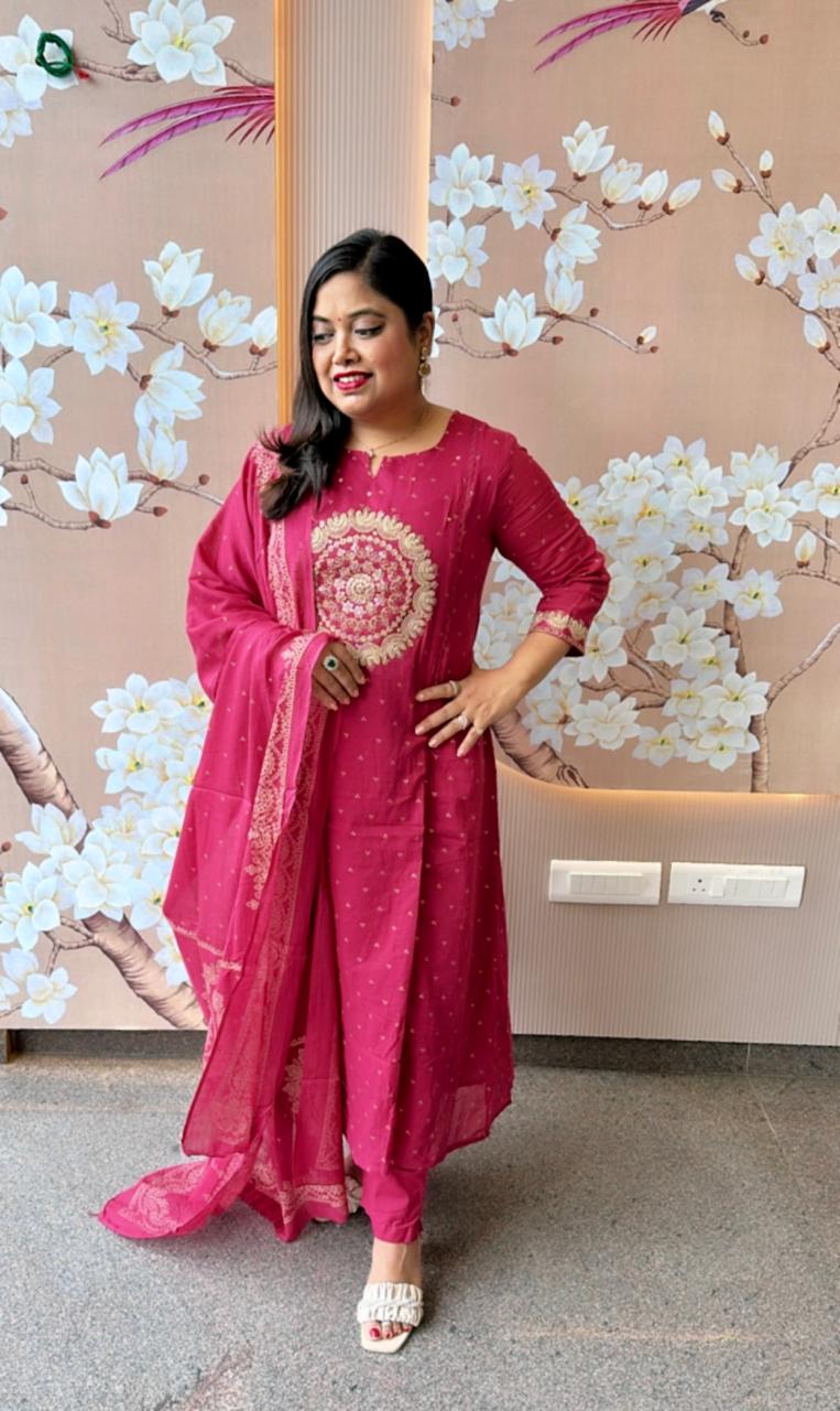 Beautiful Rani pink Zari detailing suit set