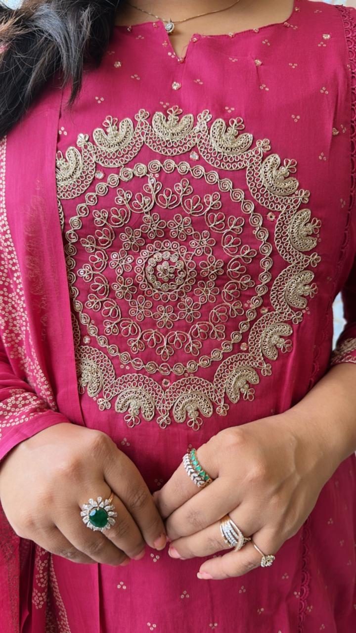 Beautiful Rani pink Zari detailing suit set