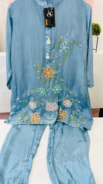 Pretty crepe pure hand work lining co rd in blue