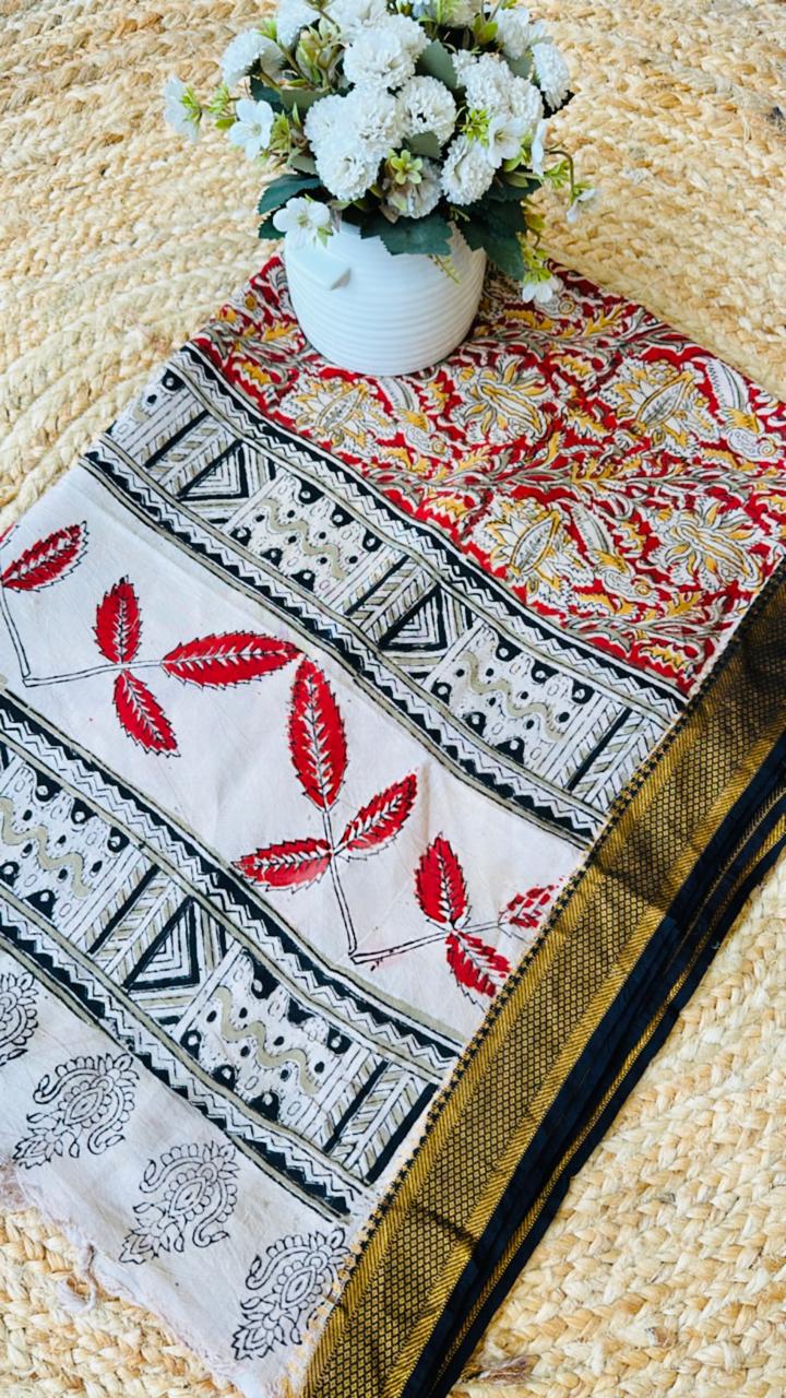 Cotton silk Kalamkari dupatta with rust border (print may vary)