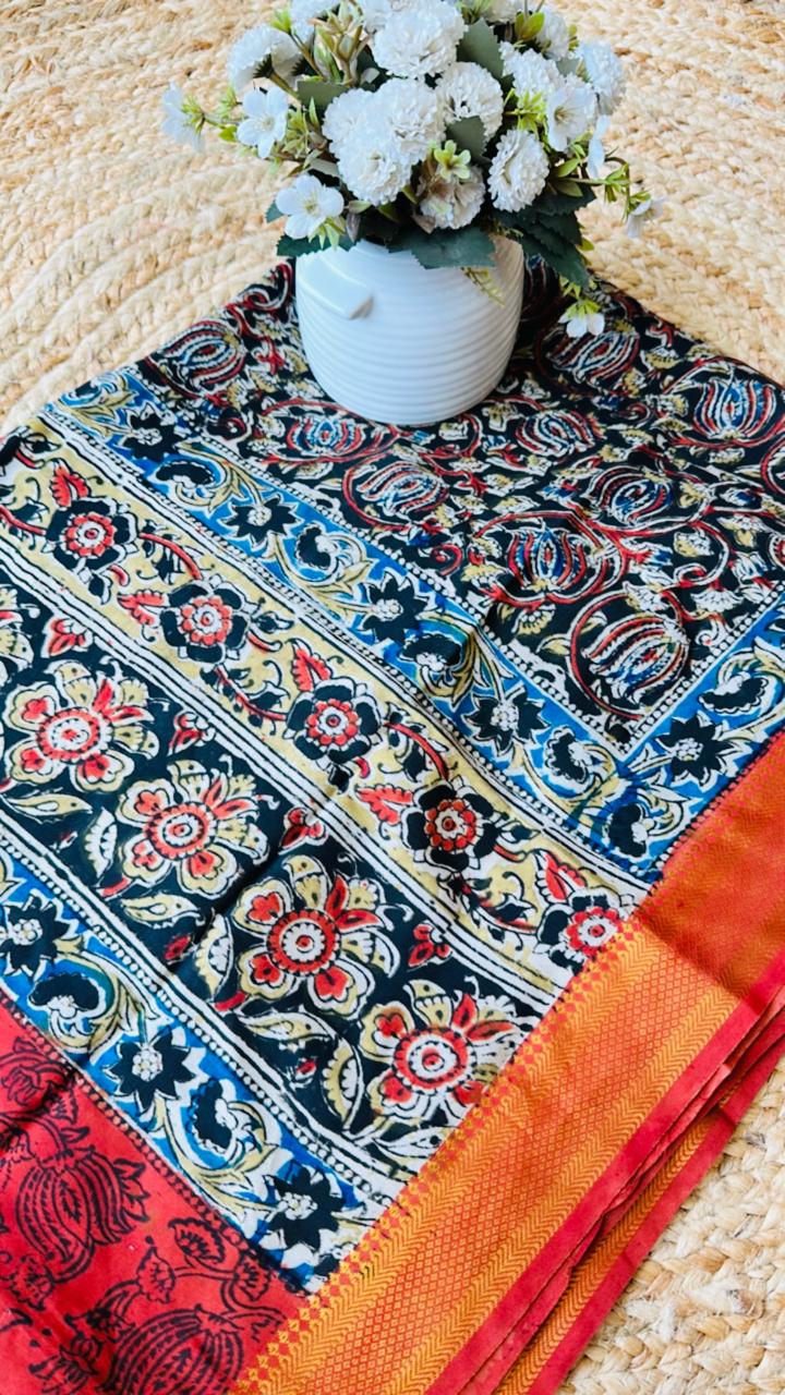 Cotton silk Kalamkari dupatta with rust border (print may vary)