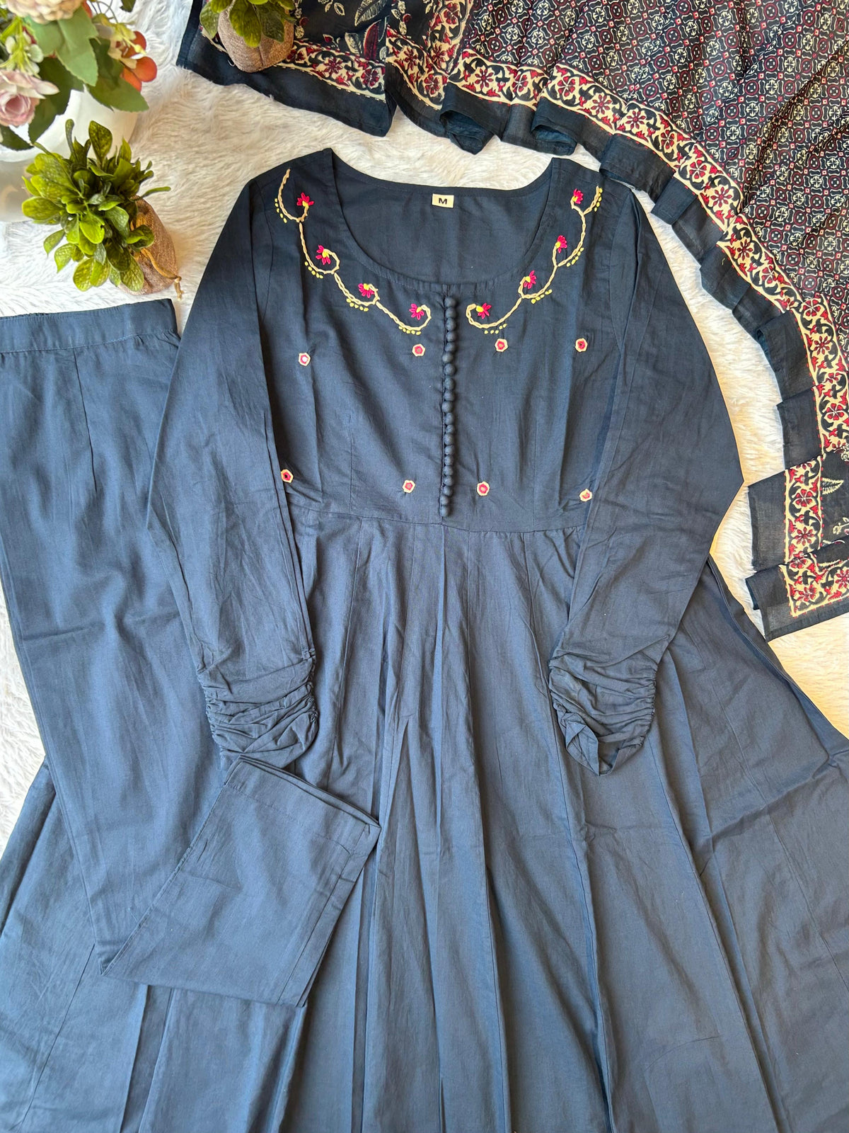 Pure cotton embroidered suit set paired with Kalamkari dupatta