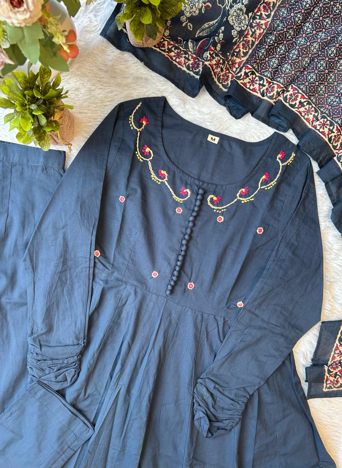 Pure cotton embroidered suit set paired with Kalamkari dupatta