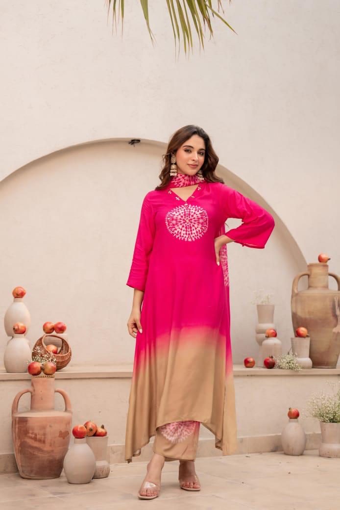 Pretty bandhani ombré effect Mul silk suit set in pink
