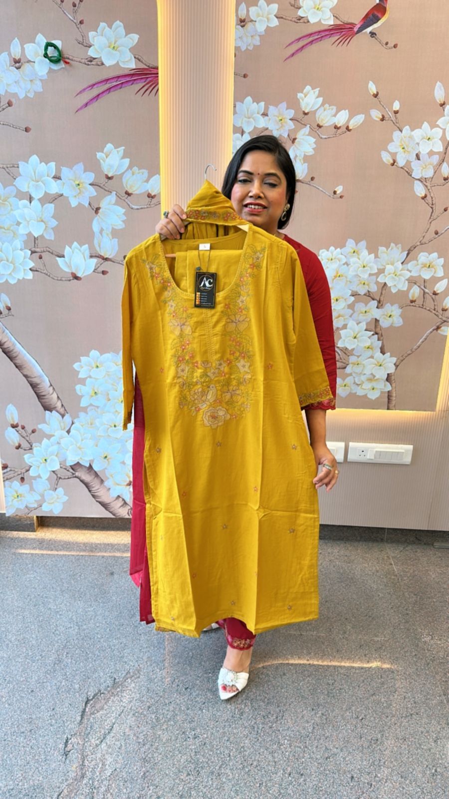 Pure cotton yellow embroidered suit set