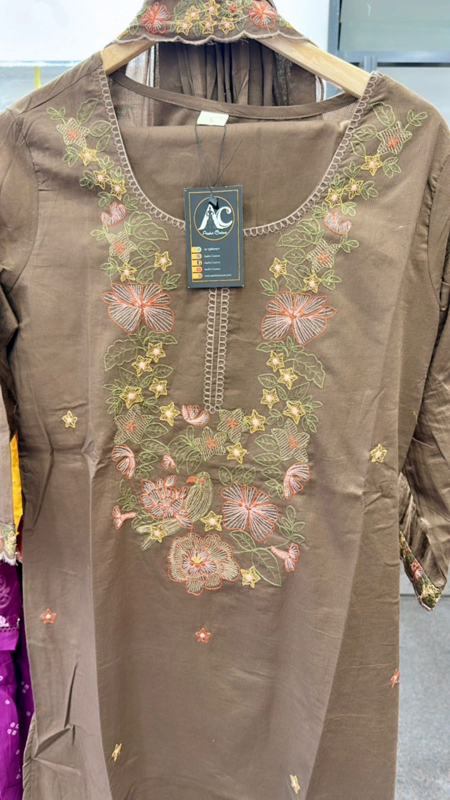 Pure cotton brown embroidered suit set