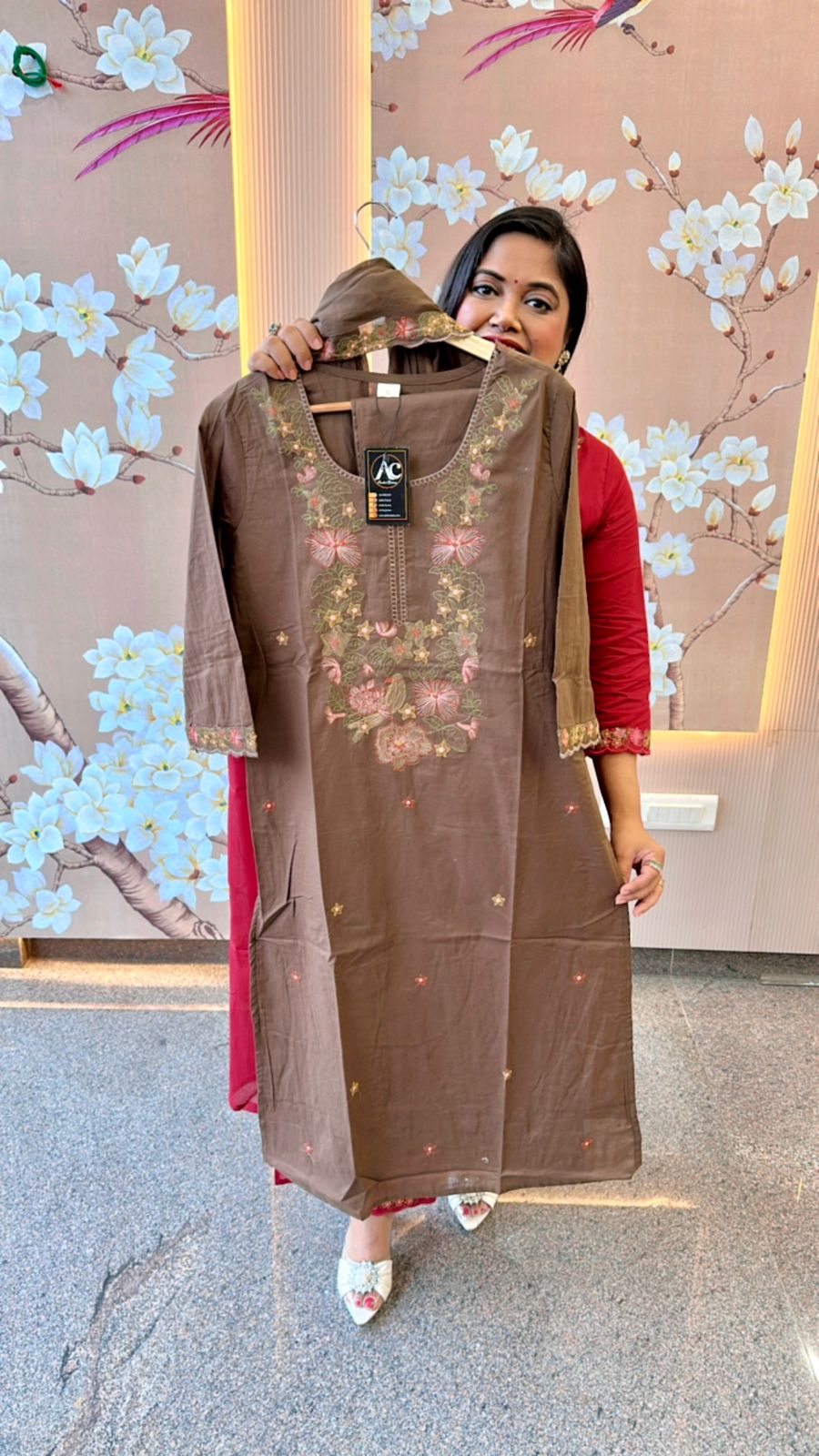 Pure cotton brown embroidered suit set