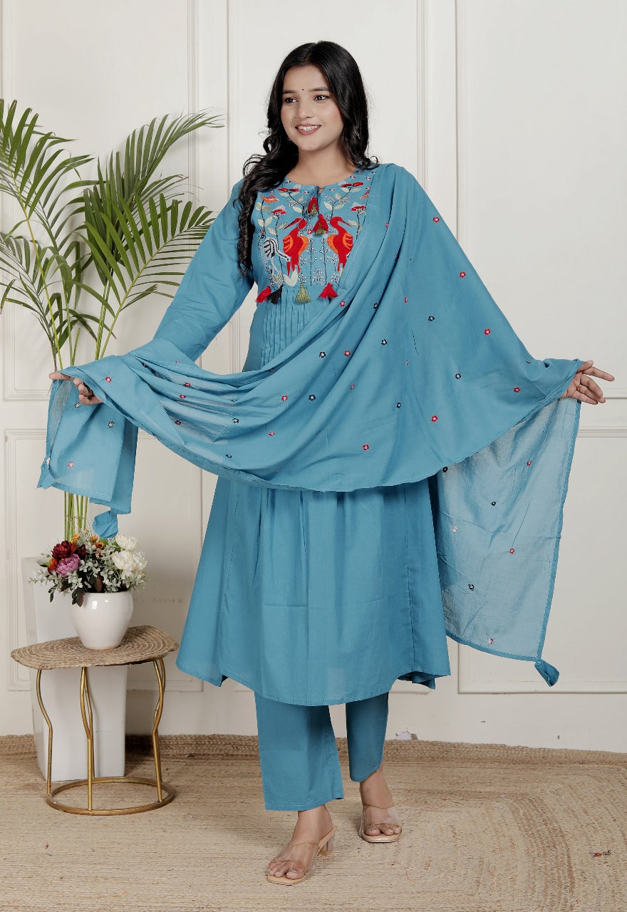 Beautiful embroidered cotton blue suit set set