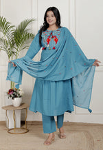 Beautiful embroidered cotton blue suit set set