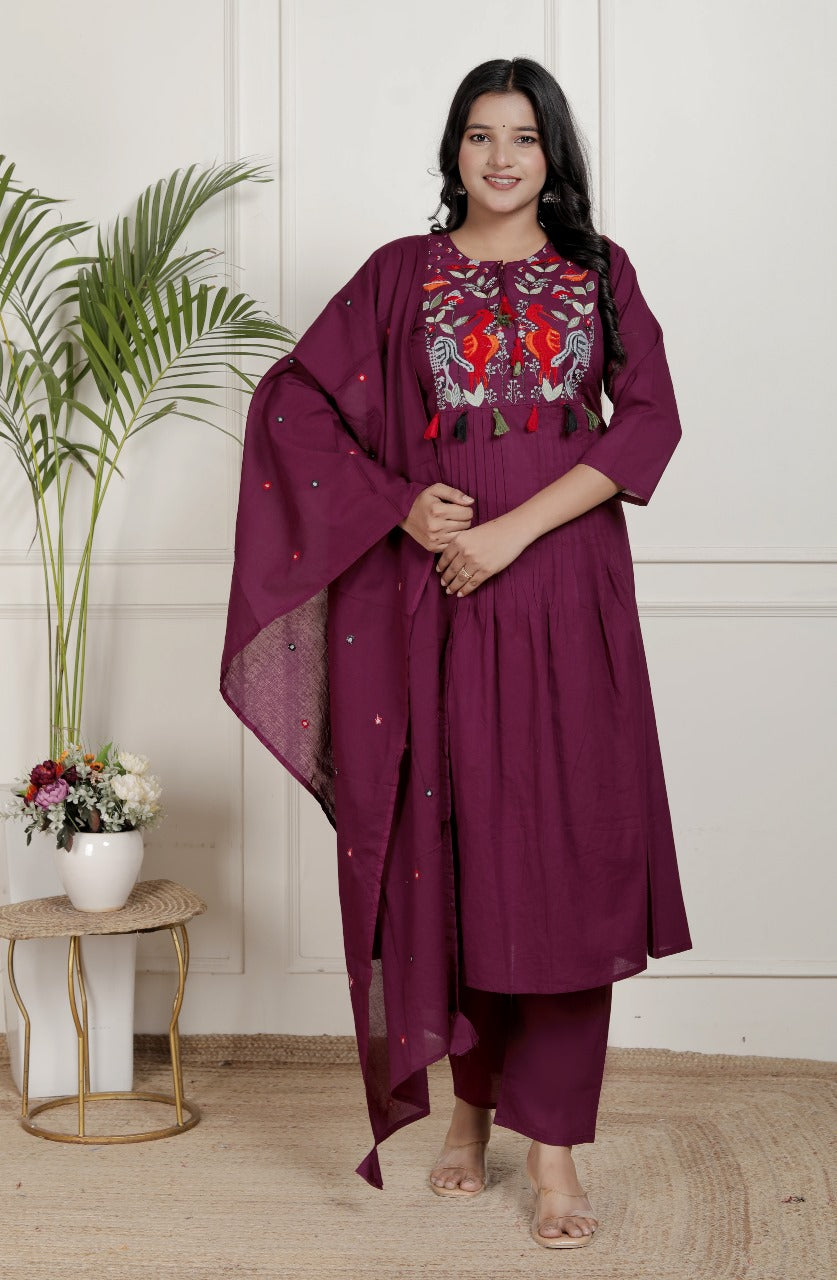 Beautiful embroidered cotton wine suit set set