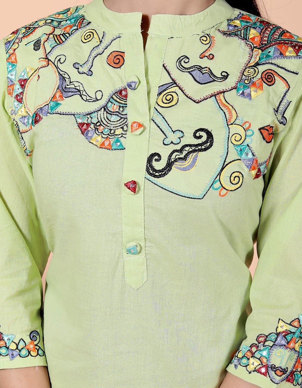 Smart embroidered cotton green suit set