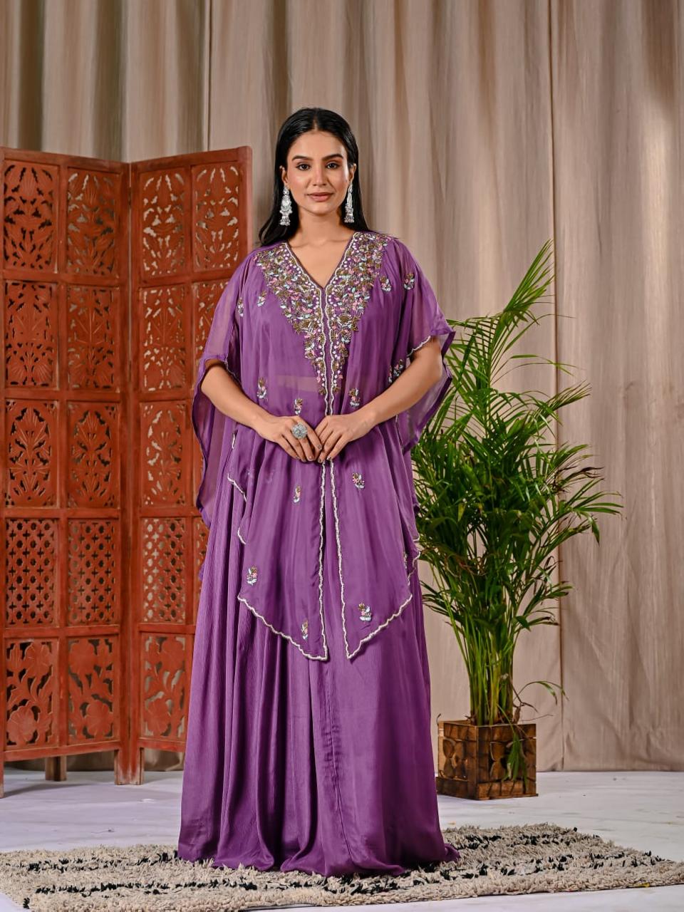 Pretty purple chinon skirt paired with a blouse and a handwork organza jacket