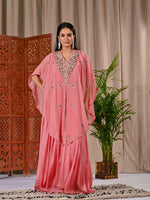 Pretty peach chinon skirt paired with a blouse and a handwork organza jacket