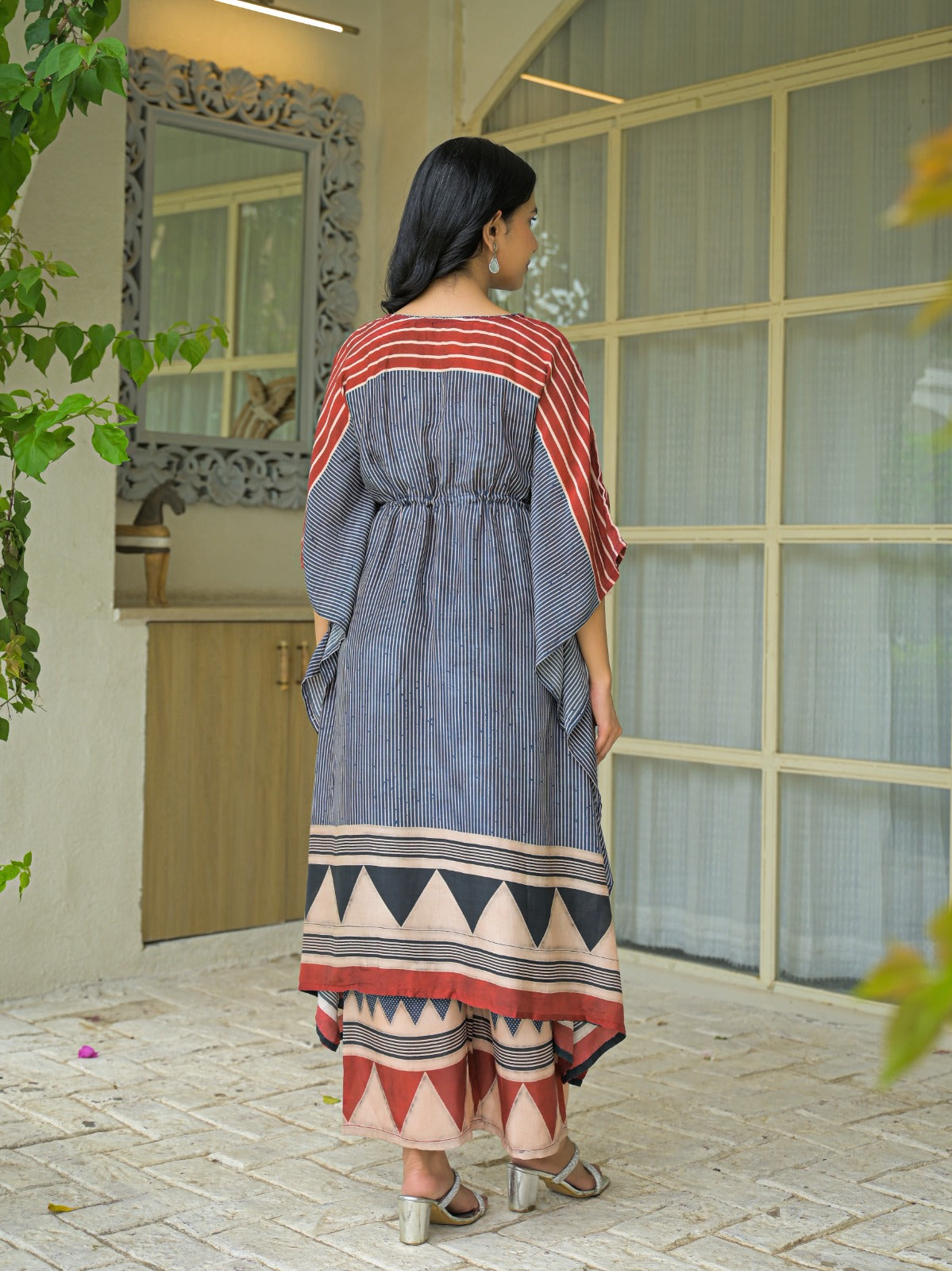 Ajrakh printed Mul silk kaftan set