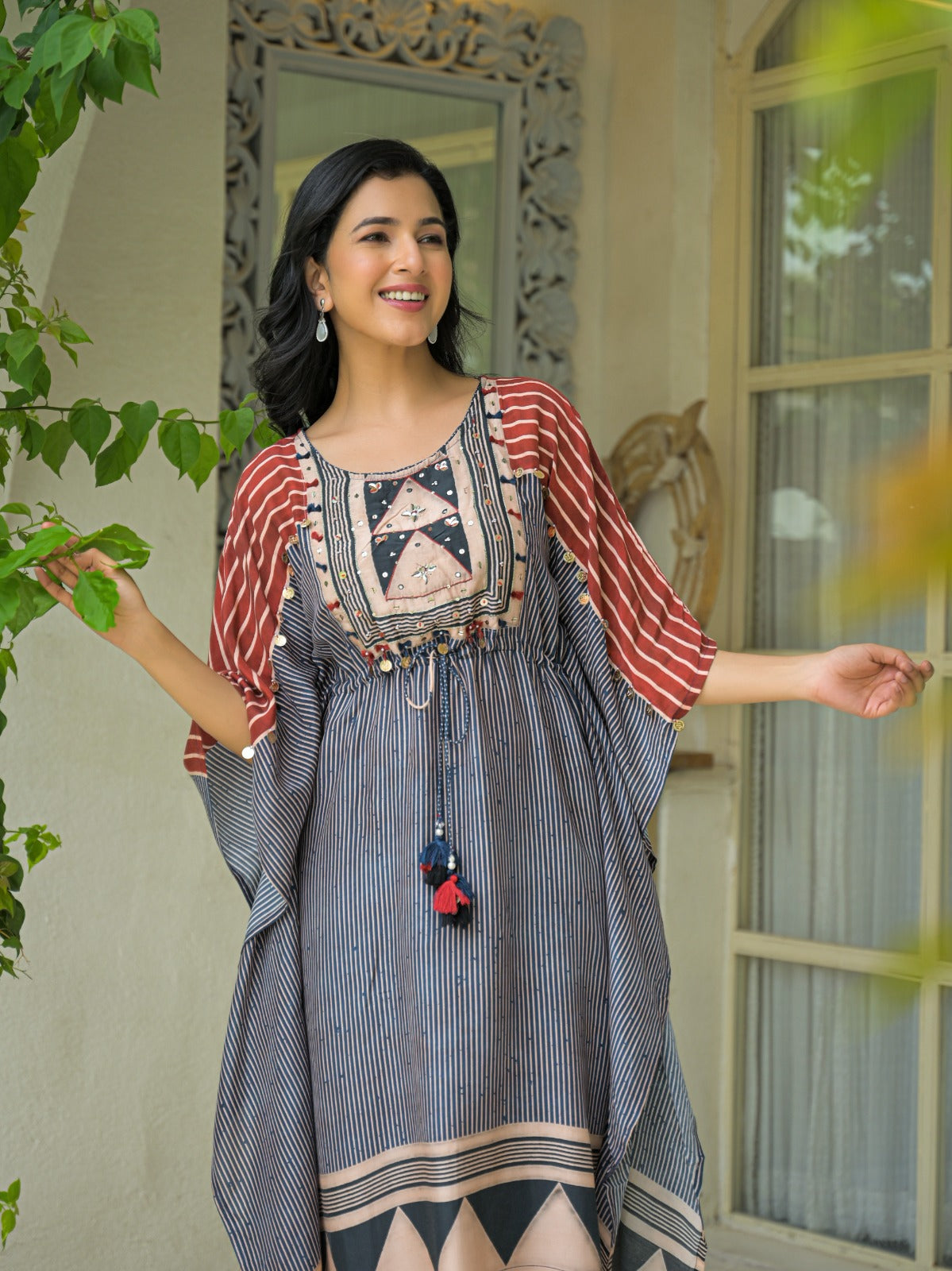 Ajrakh printed Mul silk kaftan set